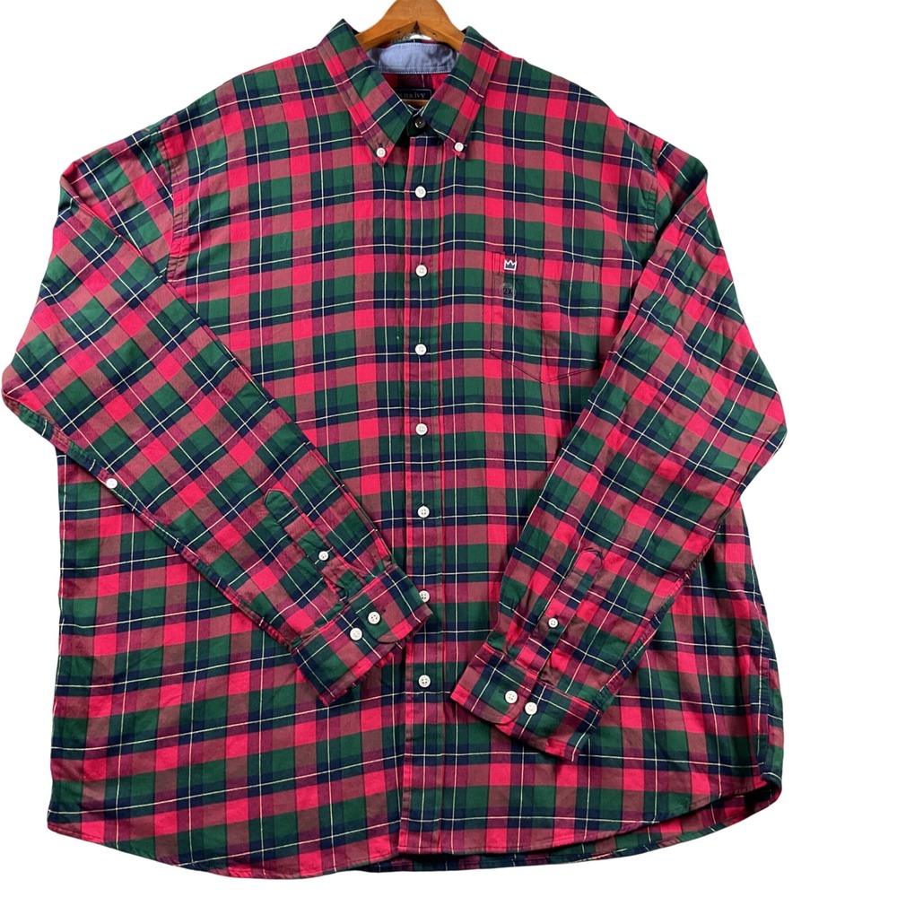 Crown & Ivy Button Down Shirt Mens 2X Red Green Plaid Long Sleeve Big & Tall